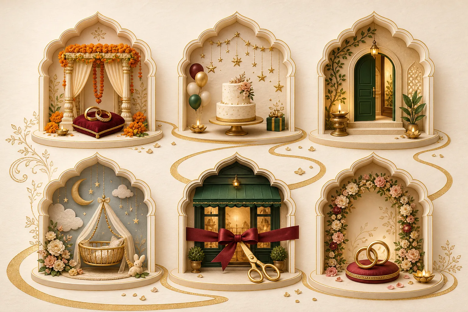 Six illustrated occasion worlds for weddings, birthdays, housewarmings, baby showers, business openings and engagements