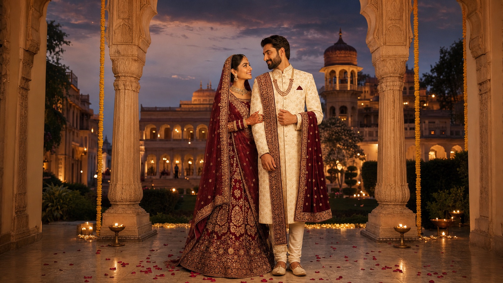 Aarav and Kiara in a fictional palace wedding setting